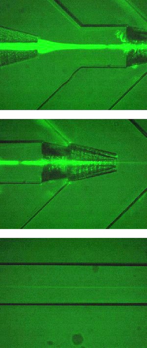 Flow through two successive nested nozzles. Note the progressive compression and the flow stability downstream.